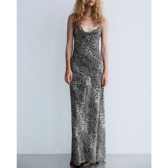 ZARA Sleeveless Cowl Neck Snakeskin Print Slip Maxi Dress Multicolor Small - Picture 1 of 15